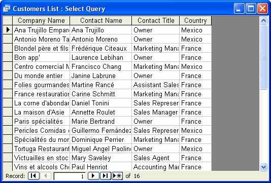 Figure 2-16 Figure 2-17 To create an AND statement, list each criteria on the same line. This query will display records that contain Owner in the ContactTitle field and France in the Country field.