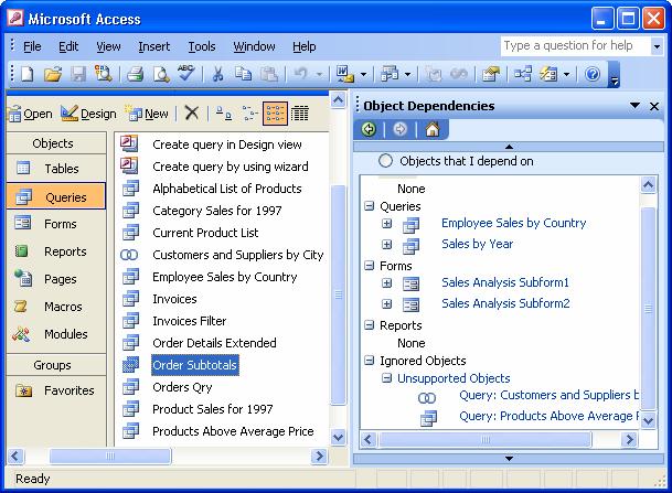 8 Microsoft Access 2003 Lesson 1-2: What s New in Access 2003? Figure 1-3 One of the most significant features of Access 2003 is its ability to display database object dependencies.