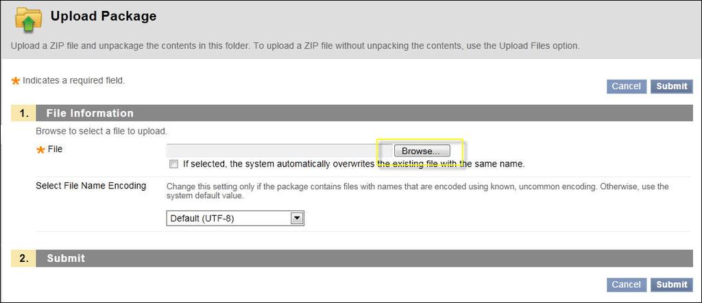 3. Click on the Submit button the files may take a while to load if it is a large number of files in the package.