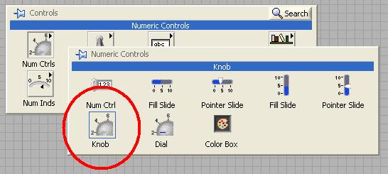 Select a Knob from the Numeric Controls subpalette of the Controls palette. Place the knob on the Front Panel. 15. Right-click the knob and select Properties.