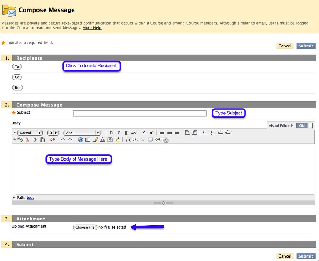 Compose a New Message Compose a new message by clicking on the Create Message button. You will find a To, Subject, and a Body field, along with various options to edit your email.