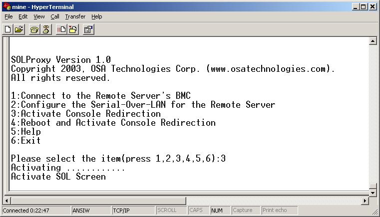 Figure 3-15. Console Redirection Example Rebooting the Managed System and Activating Console Redirection Select option 4 in the main menu.