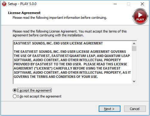 When asked to agree to the terms of the EastWest End User License Agreement, select I accept the agreement and then click Next.