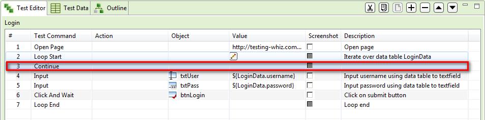 8.11 Continue Continue test command helps users to continue through the loop in which it is used. 8.12 Data Table 8.12.1 Size This action allows users to get the number of rows available in the specified datatable.