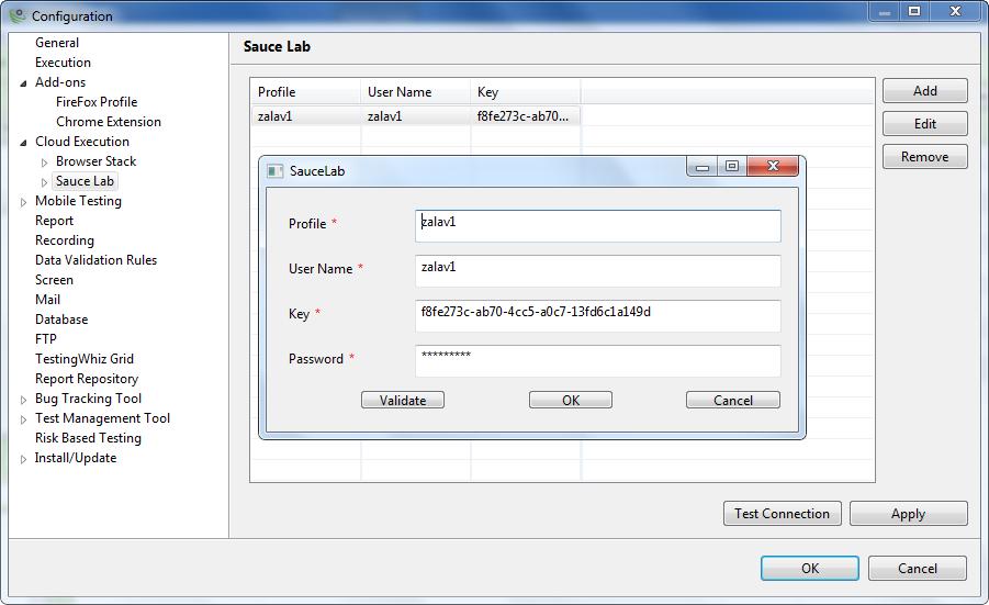 B. Sauce Labs Setup Profile Username Key Password Validate Enter the Profile name as you per your interest.