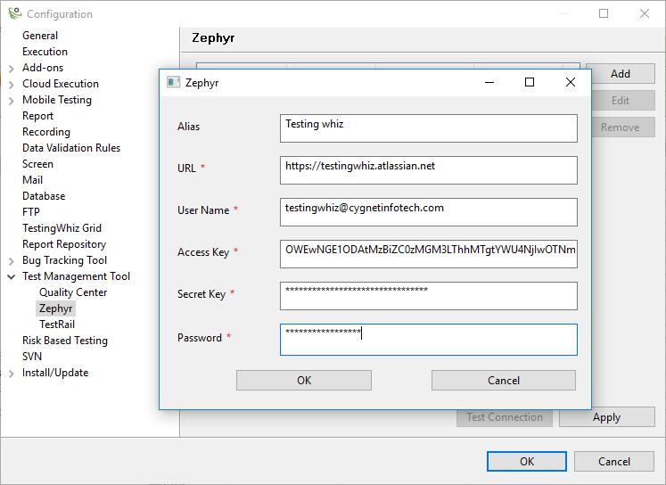 Configure Test Management Tool (Zephyr) with TestingWhiz. Alias Click Add and enter the Alias name of the Test Management Tool. Zephyr URL Enter URL of the Zephyr for Jira.