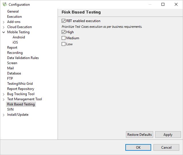 XVII. Risk Based Testing: Configure settings for executing Risk Based Testing.