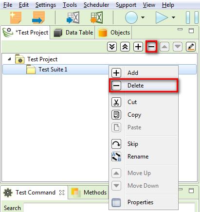 3.2.2.2 Delete a Test Suite Select a Test Suite and click to delete that Test Suite. OR Right Click on a particular Test Suite and click Delete. 3.2.2.3 Move Up or Move Down a Test Suite Select a Test Suite and click or respectively to Move Up or Move Down that particular Test Suite.