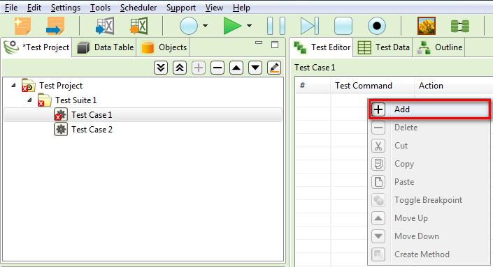 Select a Test Case and click button from the Test Editor Section to add Test Step. OR Right click on the blank area of Test Editor and click Add.