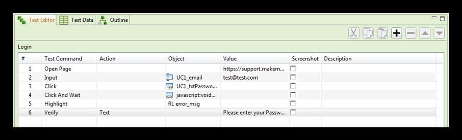 Step 6: Select Test commands as Input, Object UC1_email and add Value as test@test.com. Step 7: Select Test commands as Click and add Object as plainpassword (plainpassword will attempt to login without password).
