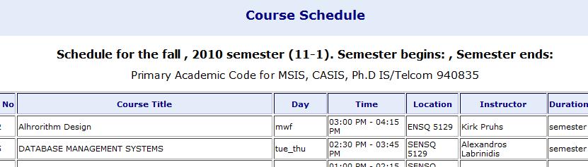 HE31 -- Bad Feature Course Schedule Heuristic: Provide Feedback Page displaying the whole course schedule for one specific term The information of beginning and end of the semester is not displayed