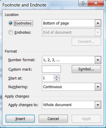 Footnotes & Endnotes Inserting To add a Footnote/Endnote, from the References tab Footnotes group, choose either Insert Footnote or Insert Endnote The Footnote/Endnote number will be inserted and the