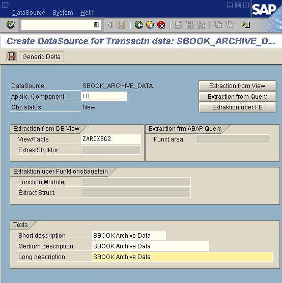 2. Specify the application components, the transparent table to be used for extraction, and the descriptions for the DataSource.