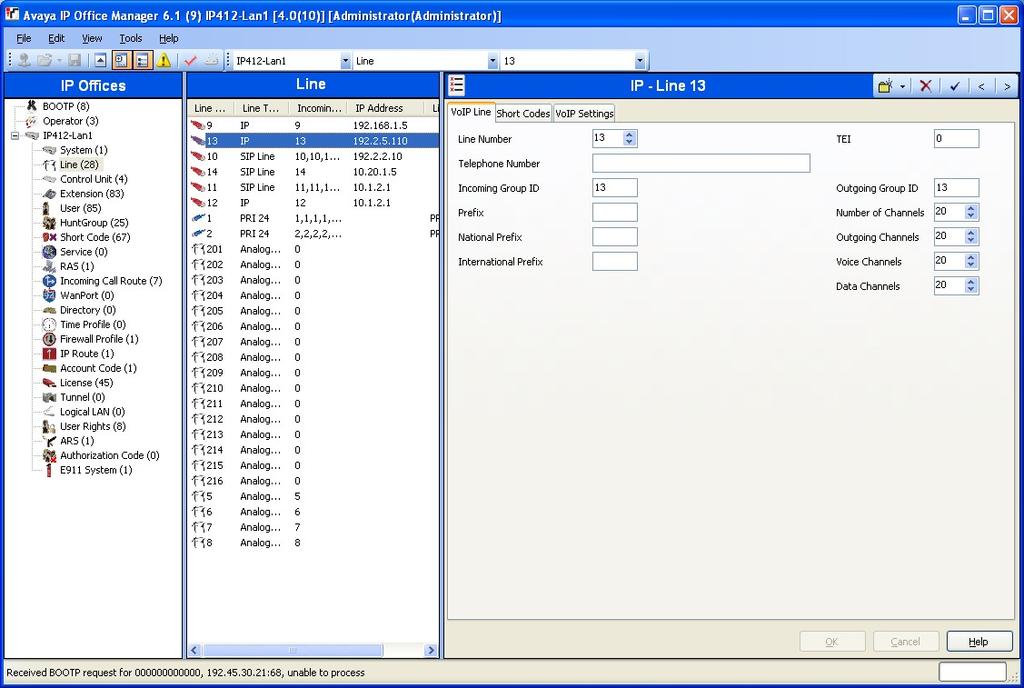 4. In the Avaya IP Office Manager window, go to the configuration tree in the left-hand panel and right-click Line and select New IP Line (not shown). The screen below should display.