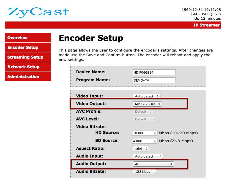 4) Encoder Setup page settings: Select MPEG-2 CBR as the Video Output and Select AC-3 Audio Output.