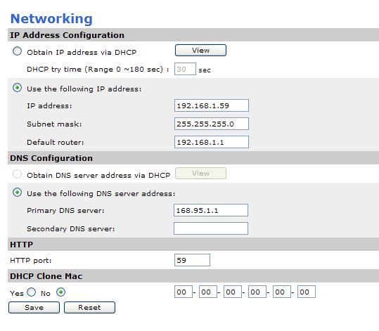 Network Settings IP Address Configuration Obtain IP address via DHCP: This