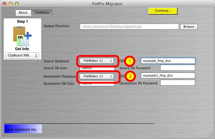 Select Source and Destination Database Types Selecting both the Source Database and Destination Database types as FileMaker 7/8/9/10/11/12/13 triggers FmPro Migrator to enter Table Consolidation mode
