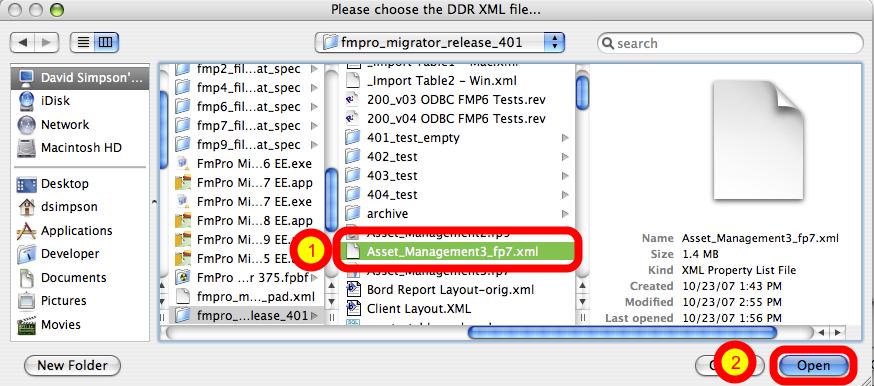 Step 2 - Select the DDR XML File (1) Select a DDR XML file, (2) click the Open button.