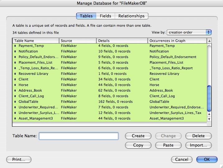 Step 6 - Create Tables - Paste Tables From ClipBoard The tables will be pasted from the ClipBoard, and displayed in the Define/Manage Database window.