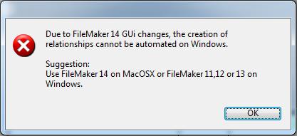 FileMaker 14 Notes - Creating Relationships in FileMaker - Windows With FileMaker 14+ on Windows, it is not possible to get or set the contents of the TO name combobox menus on the Edit Relationship