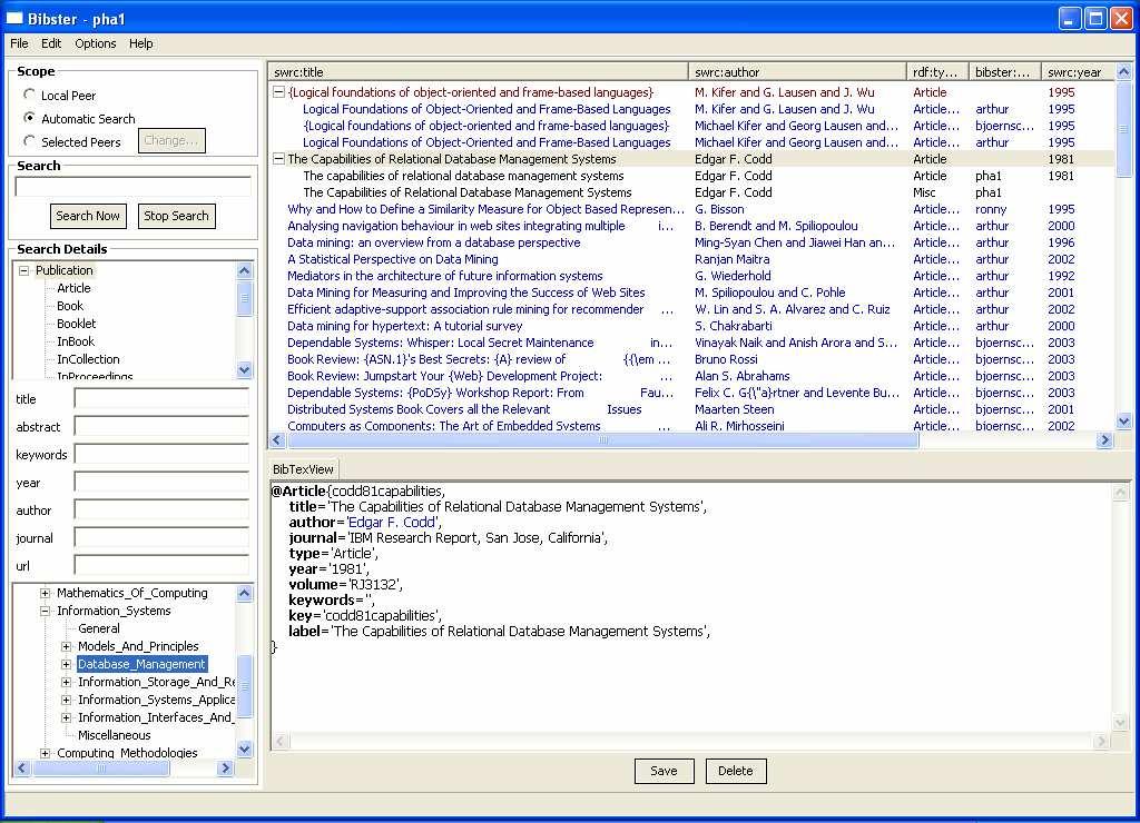 Fig. 1. Screenshot of the Bibster system allow for browsing and re-using query results. In the following, we will describe the use of semantic methods in each of these steps.