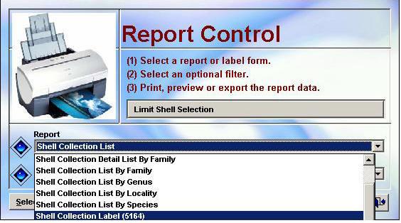 First, select a report or label form from the pull down list under "Report" next to the top blue diamond symbol on the lower left of the window.