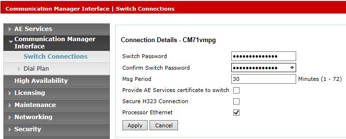 In the resulting screen enter the Switch Password; the Switch Password must be the same as that entered into Communication Manager AE Services Administration screen via