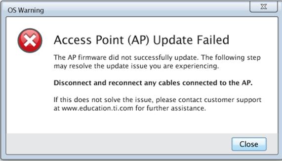 To resolve the problem, disconnect and reconnect any cables connected to the access point, and the software will automatically start the update