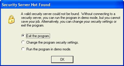 If you try to run the program without either attaching a local security device or linking to a network security server, the following warning appears.