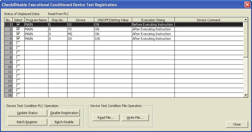 (5) Checking the executional conditioned device test Open the "Check/Disable Executional Conditioned Device Test Registration" dialog box. ( Page 138, Section 3.