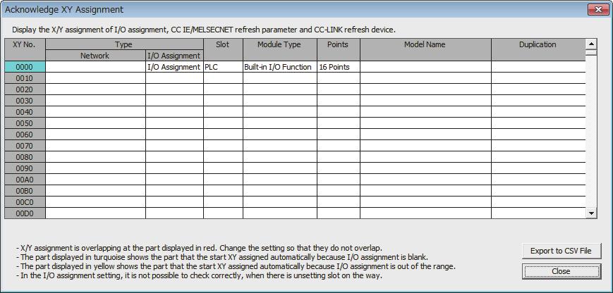 (10) Acknowledge XY Assignment The parameters set in the I/O Assignment tab and CC-Link setting can be confirmed. Item Parameter No.