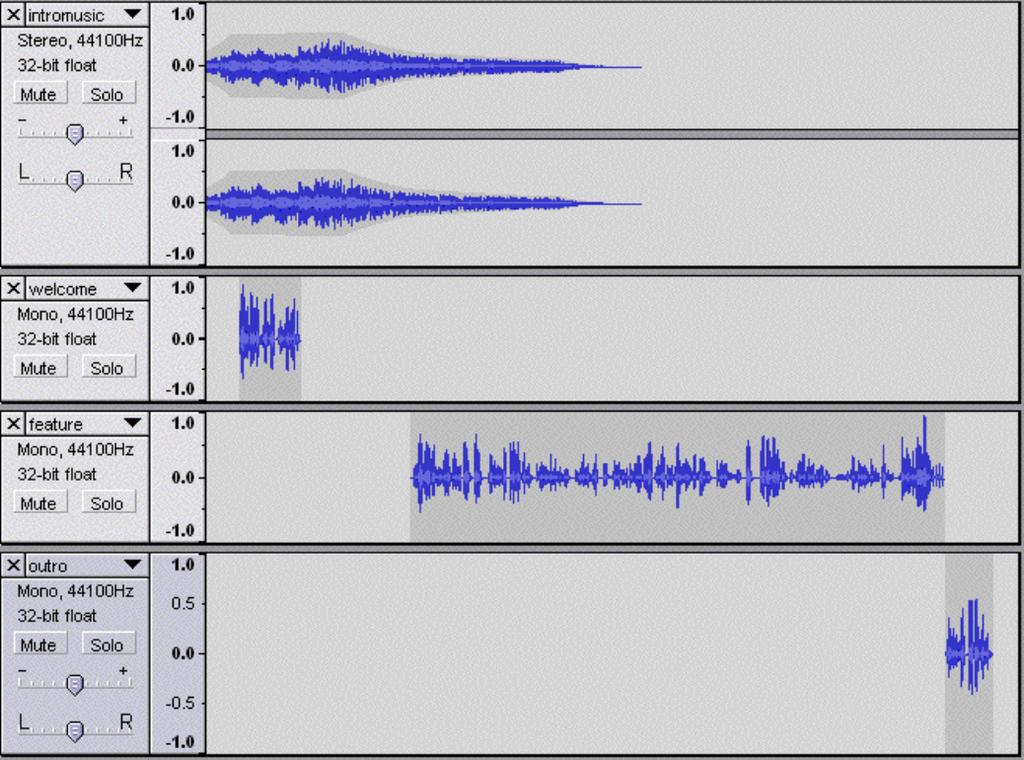 A note about multiple tracks in Audacity When you import an audio file into Audacity, it is placed on a new track. In general, each part of your podcast will be a separate track within Audacity.
