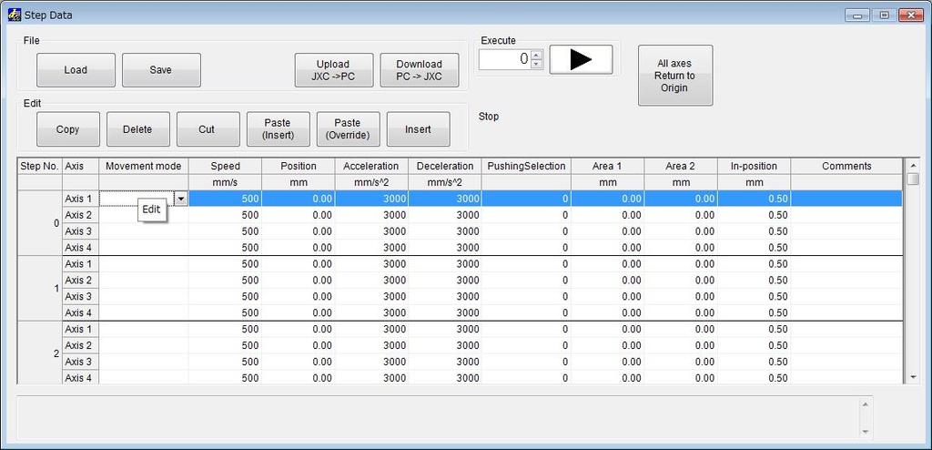 e) Position reading From the View (V) menu in the main window, select the Step Data window. Refer to section "4.1 (1-1-2) View (V)" for how to display the Step Data window.