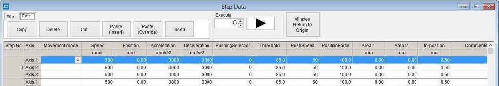 (5) Step Data window In the Step Data window, it is possible to set the step data. It is also possible to read and write the step data to the controller.