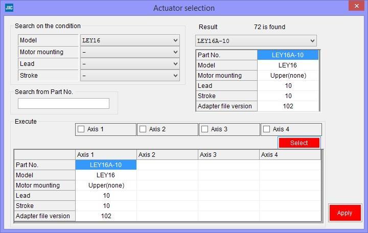 c) Parameter display Execute area Select button Each axis parameter area Apply button Select the check box for the required Axis in the Execute area for which parameters are to be entered (It is