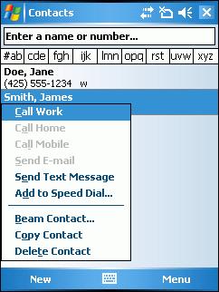 4-18 MC70 User Guide Figure 4-29 Contacts Menu 3. Tap Call Work. NOTE To make a call from an open contact, tap the number to call. See On-Device Help for more information about Contacts.