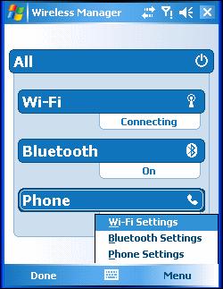 1-14 MC70 User Guide Figure 1-13 Wireless Manager Window To enable or disable a wireless connection, tap its blue bar.