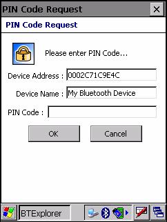 3-12 MC70 User Guide Figure 3-18 PIN Code Request Window 2. In the PIN Code: text box, enter the same PIN entered on the device requesting the bond. The PIN must be between 1 and 16 characters. 3. In the Device Name: text box, edit the name of the device requesting the bond, if desired.