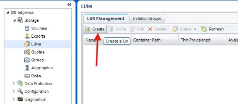 Create a iscsi LUN Let s start with iscsi. Go to the Configurations menu, choose Protocols, then iscsi.