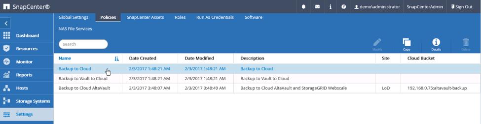 3.4 Create a New Policy for the Newly Created Volume 1. If not already, log into SnapCenter as demo\administrator with password Netapp1!. 2.