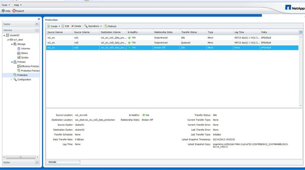 Figure 39) SnapMirror status screen. Relationships in which only the source volume is on the selected Storage Virtual Machine are initially shown with Health unknown.