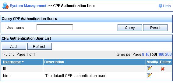 Figure 4 CPE authentication user configuration page b. Click Add. c. Enter the username and password for authentication to the ACS, and then click OK.
