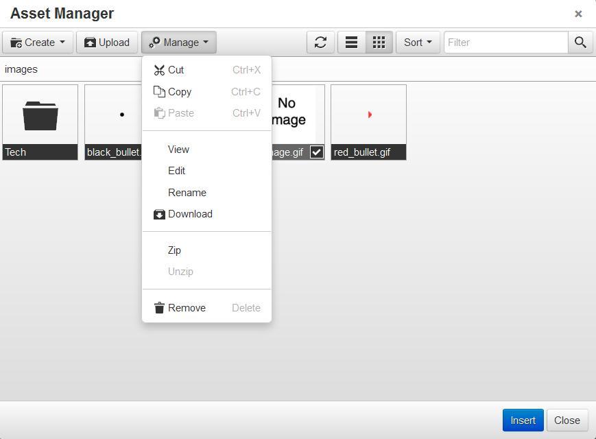 THE MANAGE BUTTON When a file or a folder is selected in the Asset Manager (by checking the checkbox for the item), the Manage button appears.