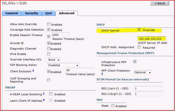 2. Point either your DHCP override to the management interface IP address of your controller.