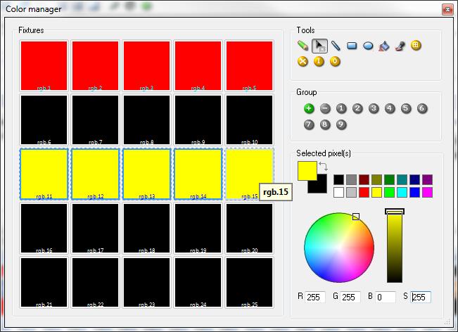 Creating your Scene with Color Manager (continued) In the Color Manager window, select the fixtures you wish to control and then simply click on the color you wish to apply.