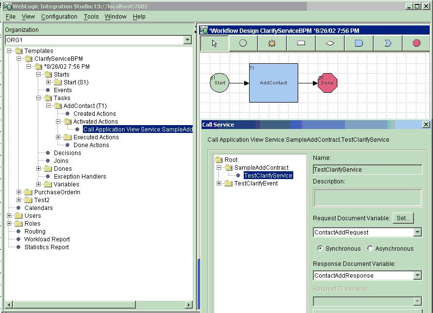 Using a Service or Event in a Workflow Figure 2-30 Application View Service in a Workflow The ClarifyCRM Request The following figure shows the static document created for the workflow.