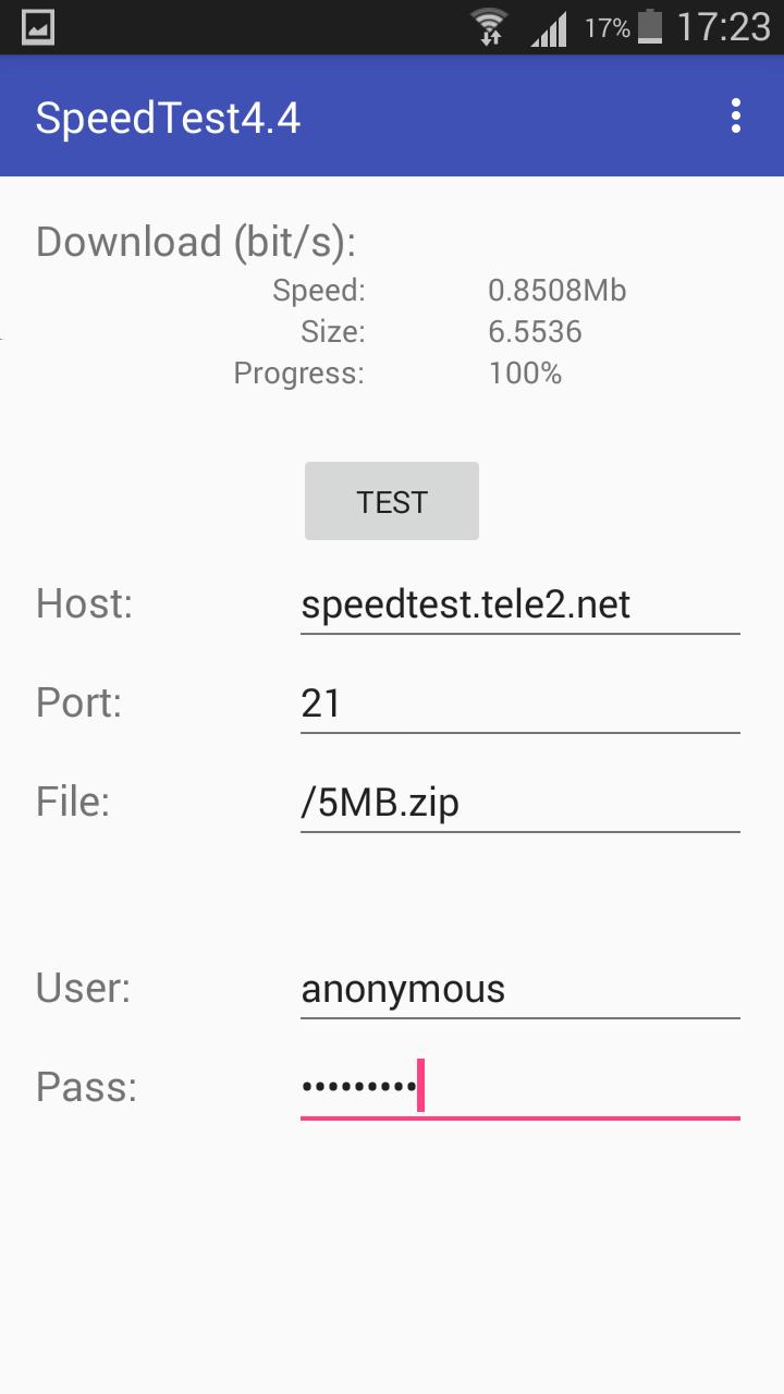 Obr. 4.4: Grafický výstup aplikácie SpeedTest 4. Aplikácia sa pripojila na vytvorený FTP server a následné stiahla súbor. Súbor mal veľkosť 500 MB.
