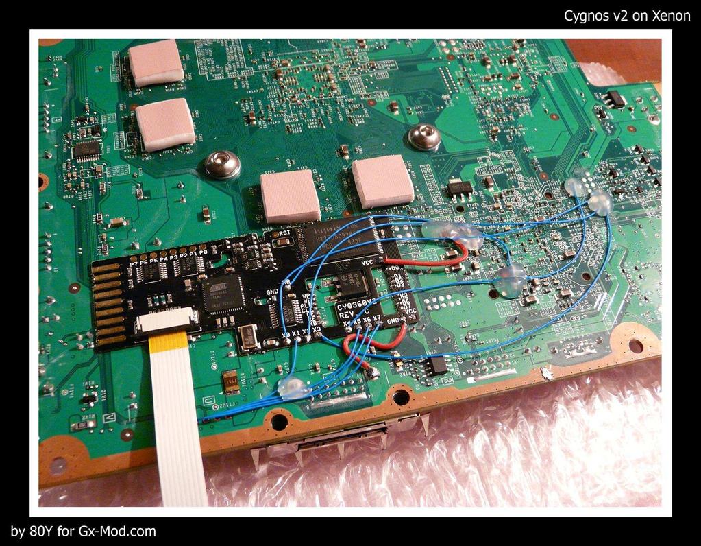 3. Installing in your Xbox360 3.1. Installing the main PCB Cygnos360 V2 is installed directly onto the bottom side of the Xbox360 mainboard underneath the flash memory (NAND).