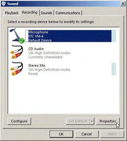 In the Sound window, choose the Recording tab, select Microphone ETC VM-1