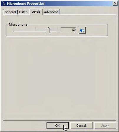 In the Microphone Properties window, choose the Levels tab. Adjust the Microphone level to 80 (Figure 20).